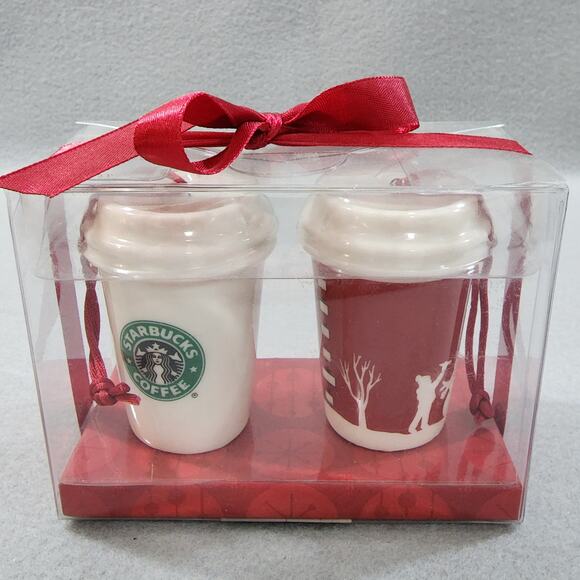 Starbucks 2006 To Go Coffee Cups Ceramic Ornaments x2 Holiday Decor #236294 NIP - Picture 2 of 8